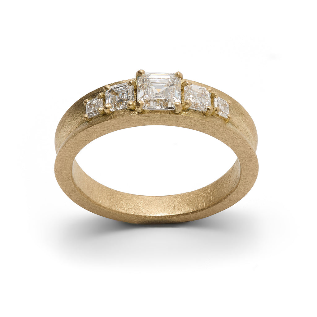 5 stone asscher cut diamond ring by contemporary jewellery designer, Sarah Straussberg