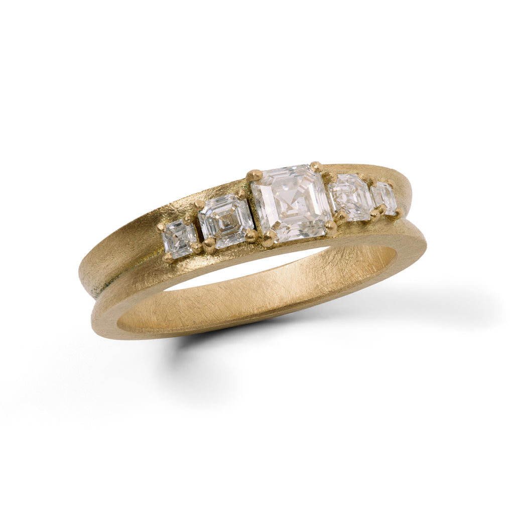 5 stone asscher cut diamond ring by contemporary jewellery designer, Sarah Straussberg