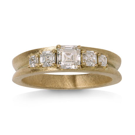 5 stone asscher cut diamond ring by contemporary jewellery designer, Sarah Straussberg