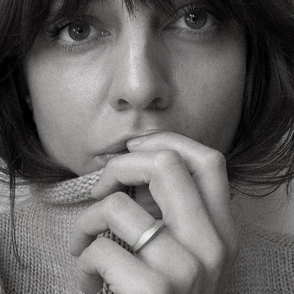 matte silver ring shown on model by contemporary jewellery designer, Sarah Straussberg