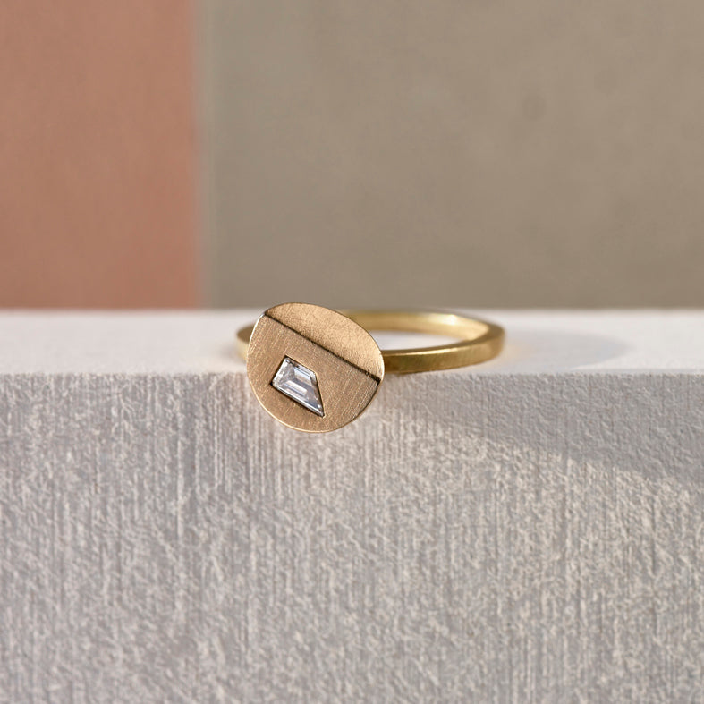 Whistle cut diamond ring by contemporary jewellery designer, Sarah Straussberg