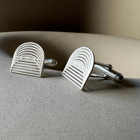 Sterling silver cufflinks with graphic linear design by contemporary jewellery designer, Sarah Straussberg
